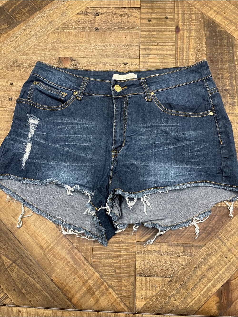 Nicki Minaj Dark Wash Distressed Denim Shorts Cutoff Raw Hem